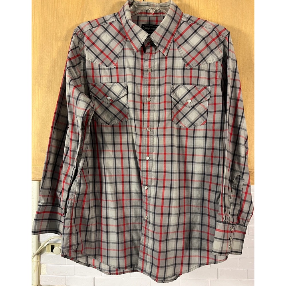 High Noon Western Shirt Mens Large‎ Gray Red Plaid Pearl Snap Long Sleeve
